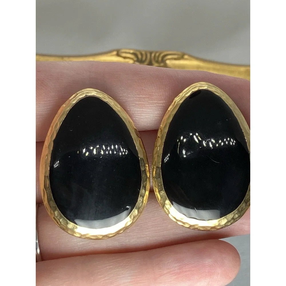 Vtg Earrings Gold Tone Black Enamel Bold Old Money Luxury Statement Estate 80's